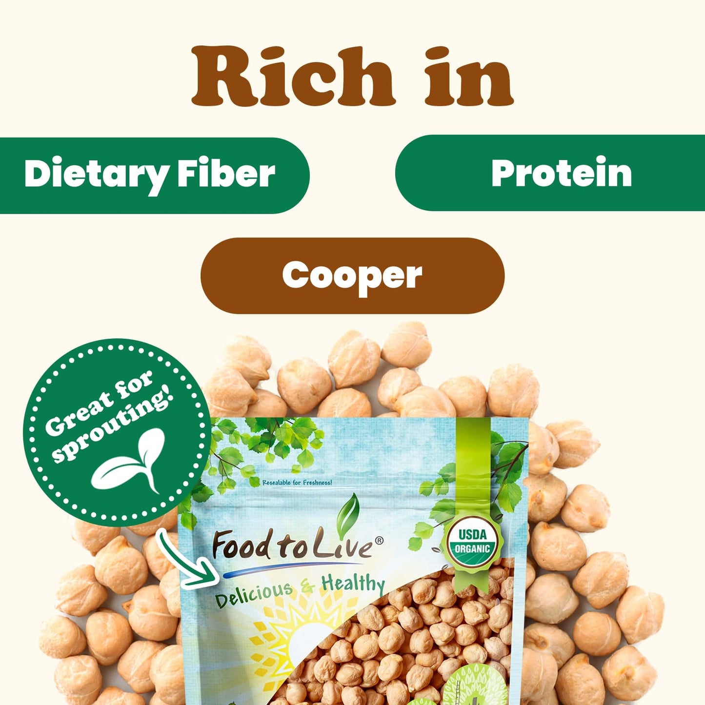 Food to Live Organic Garbanzo Beans, Dried Chickpeas, Non-GMO, Kosher, 10 Pounds