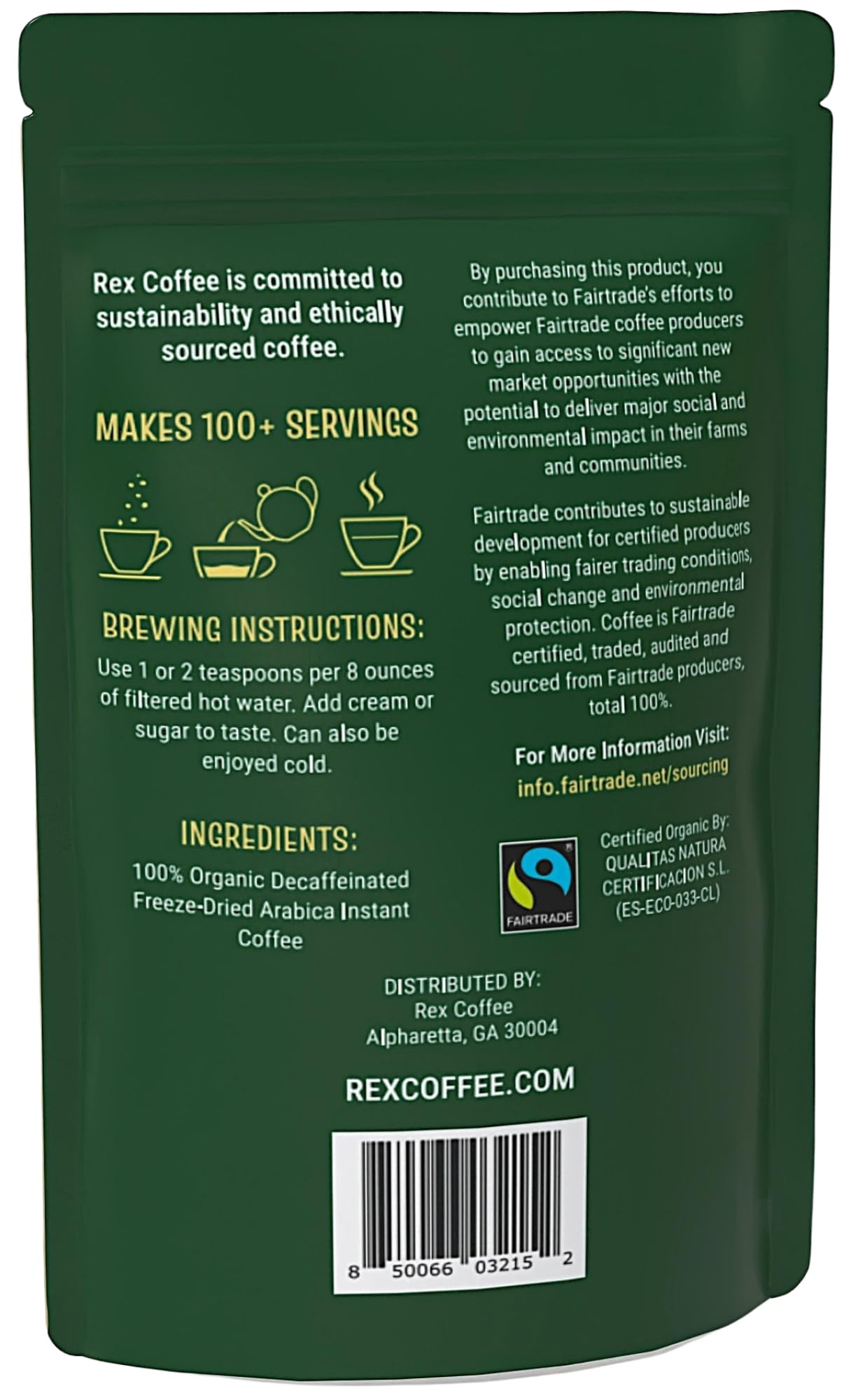 REX COFFEE Organic Fairtrade Decaf Instant Coffee – Naturally Decaffeinated Arabica, 7.05 oz Resealable Pouch
