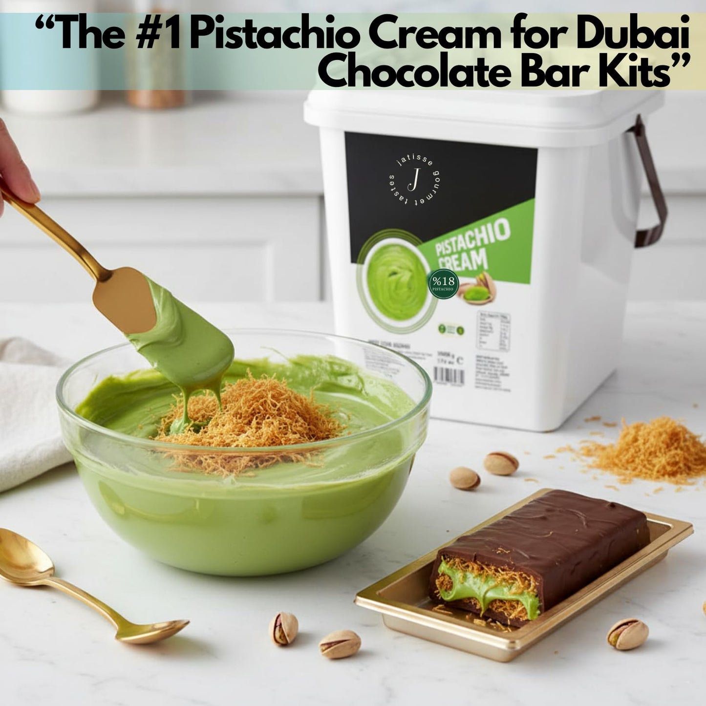 Jatisse 18% Pistachio Cream 11 lb (5kg) - Bulk Spread for Bakery & Foodservice - Perfect for Dubai Chocolate Bars  Knafeh & Desserts - Clean Ingredients - No Palm Oil - Turkish Pistachio Paste