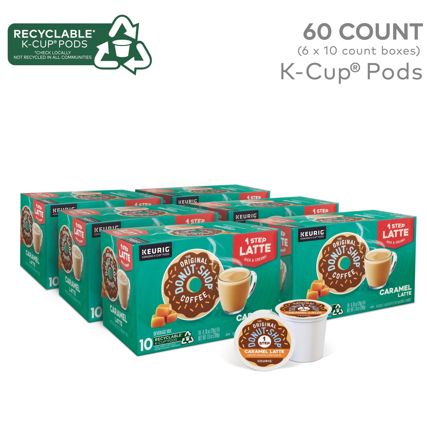 The Original Donut Shop Caramel Latte, Keurig Single Serve K Cup Pods, Flavored Coffee, Caramel Latte, 10 Count - Pack Of 6