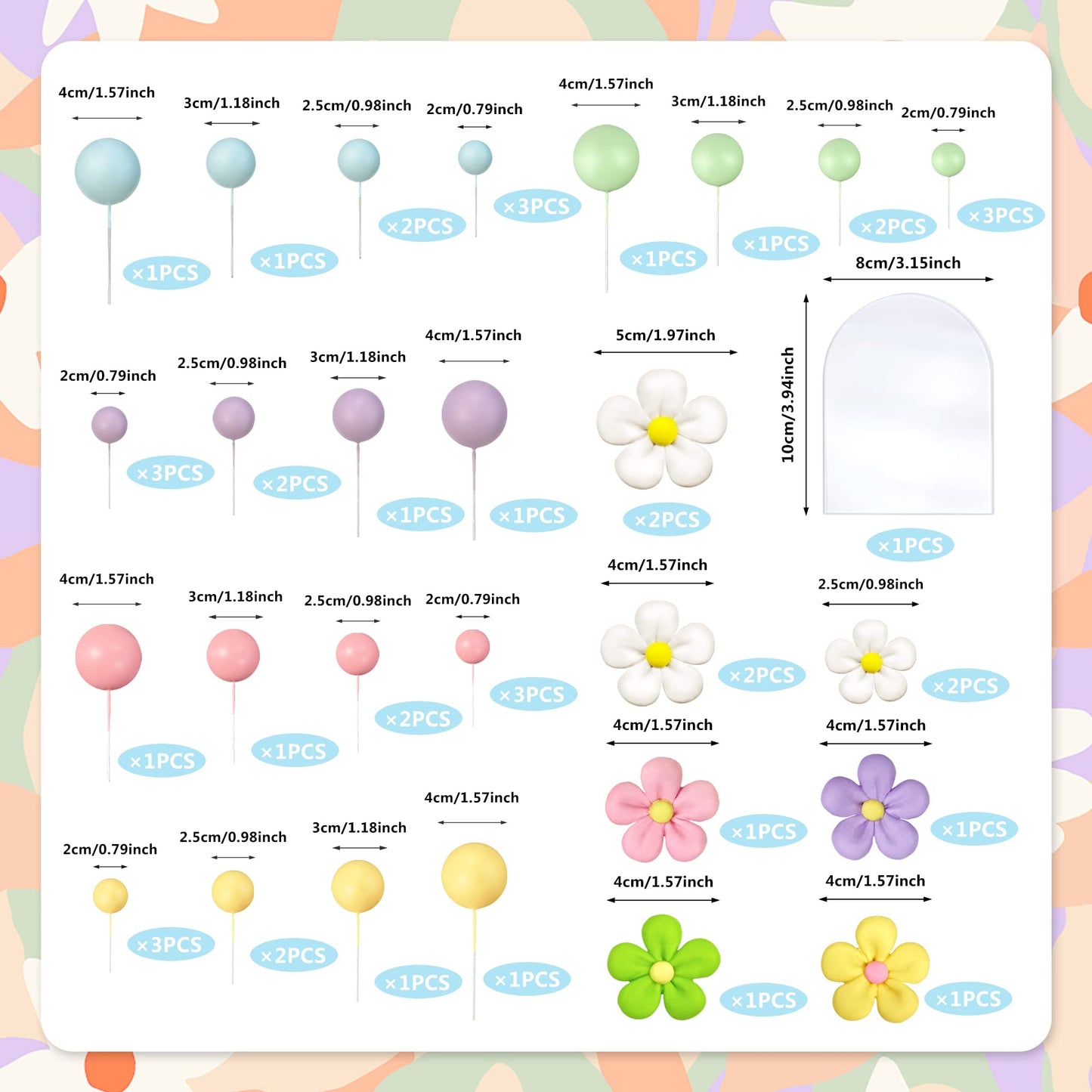 46 Pcs Boho Cake Topper Groovy Cake Topper Mini Balls Acrylic Cake Topper Retro Hippie Daisy Flower Cake Topper For Cake Decorat