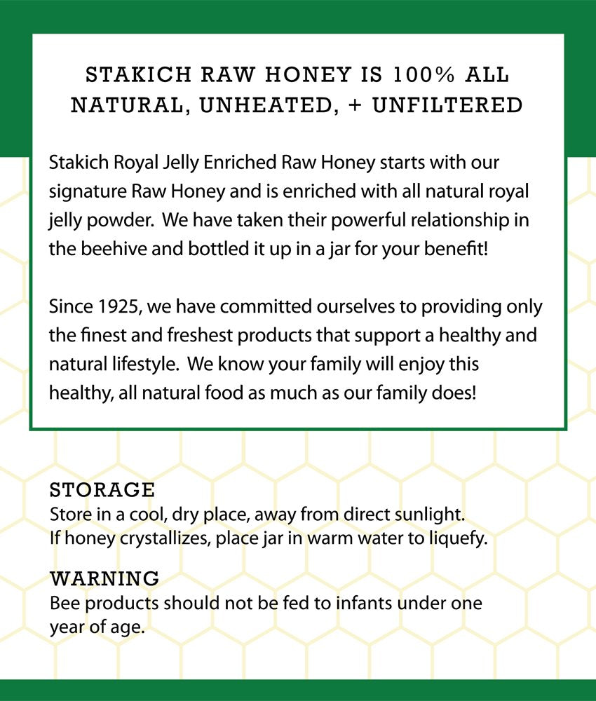 Stakich Royal Jelly Enriched Raw Honey - Pure, Unprocessed - 40 Ounce