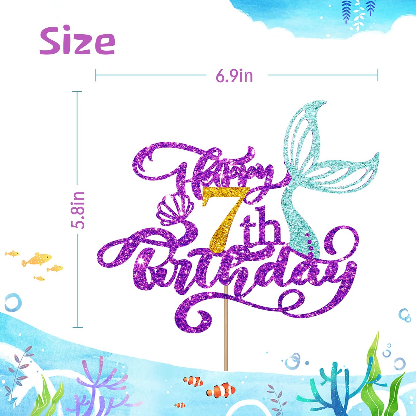 Mermaid 7 Cake Topper, Happy 7Th Birthday Cake Decor For Baby Girl, Little Mermaid 7Th Birthday Party Decoration, Under The Sea