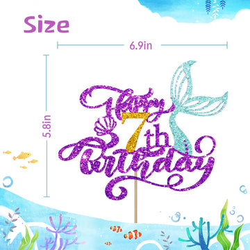 Mermaid 7 Cake Topper, Happy 7Th Birthday Cake Decor For Baby Girl, Little Mermaid 7Th Birthday Party Decoration, Under The Sea