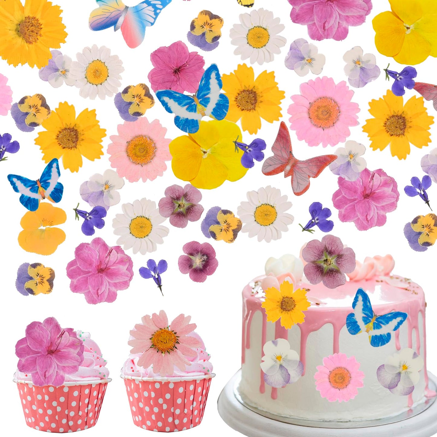 Rylenor 60 PCS Edible Cake Toppers - Dried Pressed Flowers & Wafer Butterflies, 1 inch, Colorful for Weddings & Birthdays