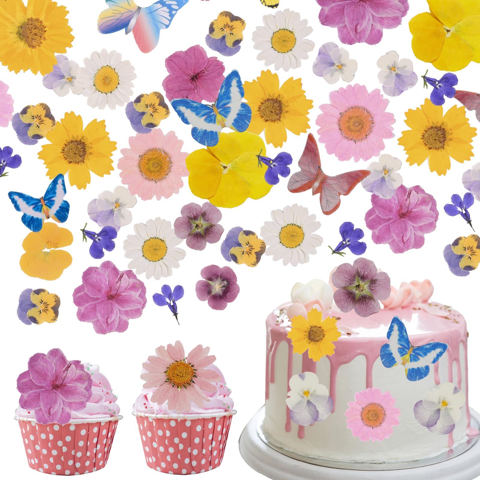 Rylenor 60 PCS Edible Cake Toppers - Dried Pressed Flowers & Wafer Butterflies, 1 inch, Colorful for Weddings & Birthdays