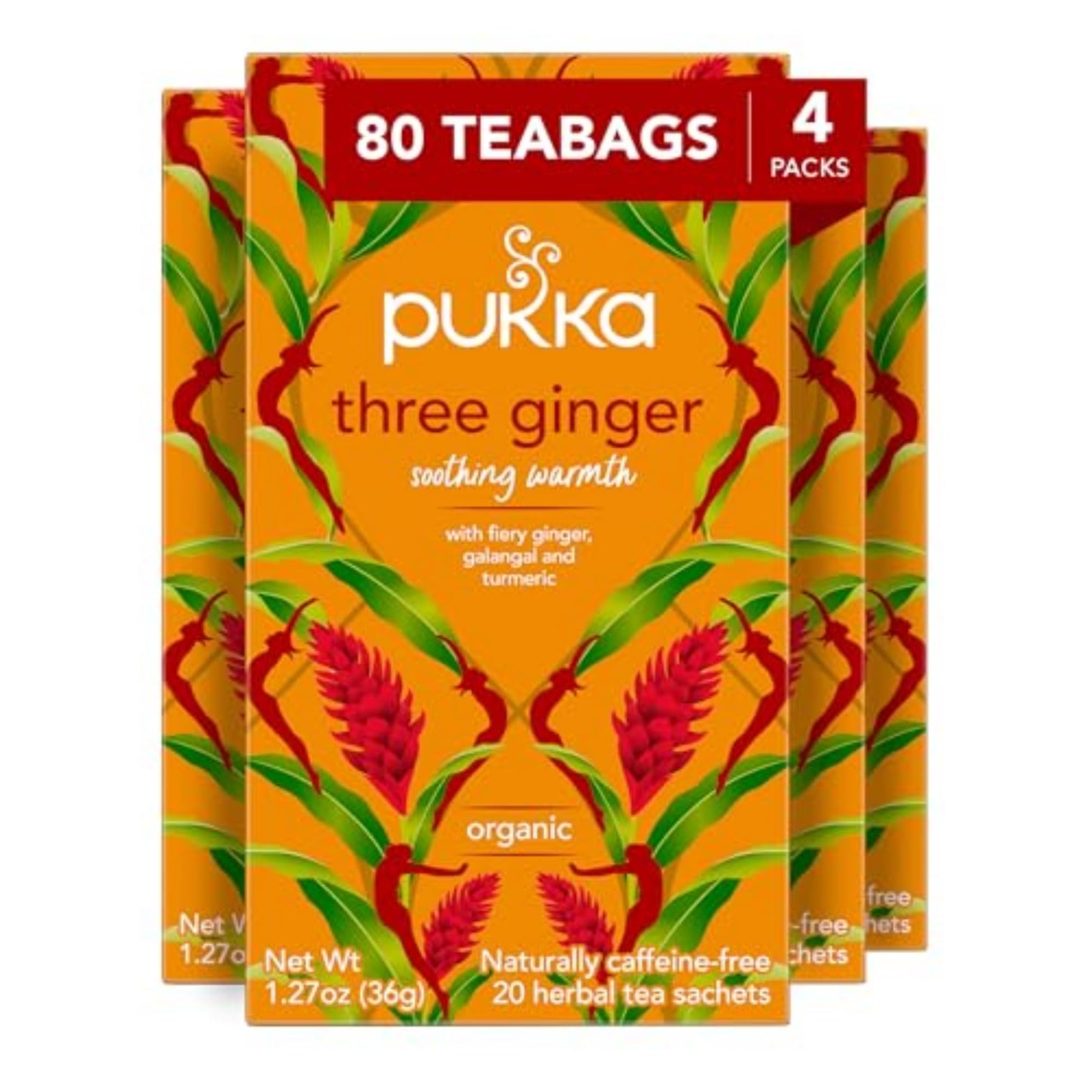 Pukka Three Ginger Herbal Tea Gift Set, Digestion-Aiding Infusion, 80 Tea Bags (4 Packs of 20), Caffeine Free, Model 69632935
