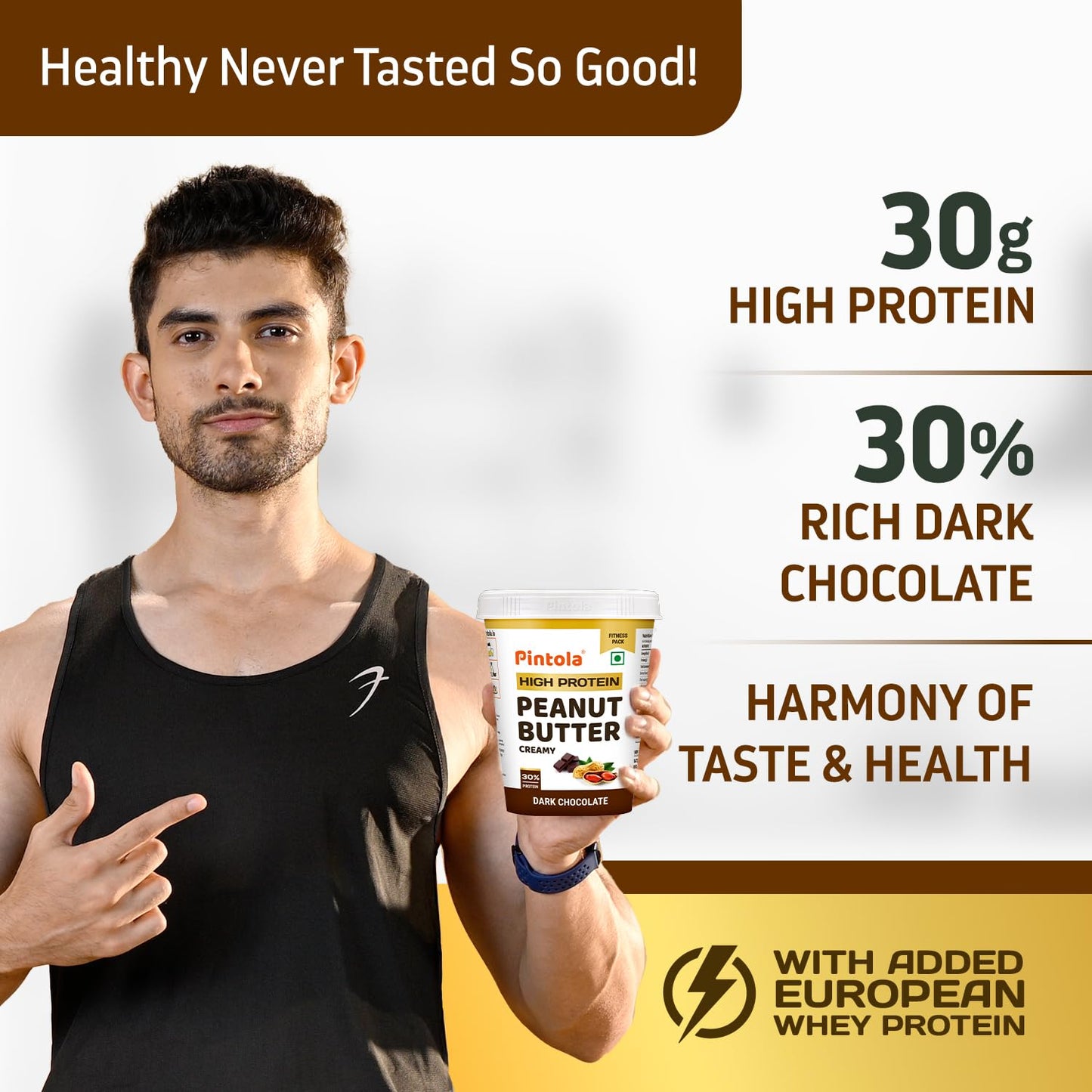 Pintola High Protein Peanut Butter Chocolate Flavour Crunchy 510G, Added Whey Protein, 30G Protein 6.2G Fiber, Gluten Free, Zero
