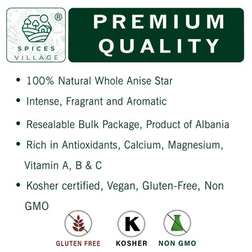 Spices Village Whole Star Anise, 4 Oz, Star Anise Pods For Tea, Cooking And Baking, Kosher, Natural And Non Gmo