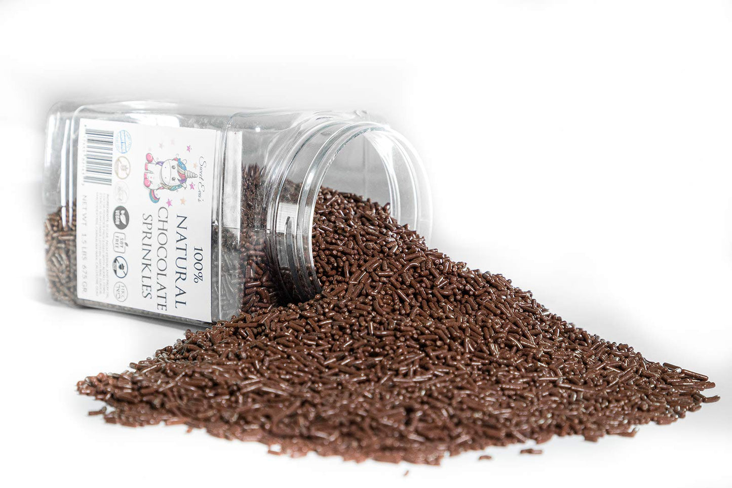 100% Natural Chocolate Sprinkles. Gluten Free. Dairy Free. Egg Free. Soy Free. Nuts Free. Vegan. Hkc. Lactose Free. Bulk- 1.5 Lb