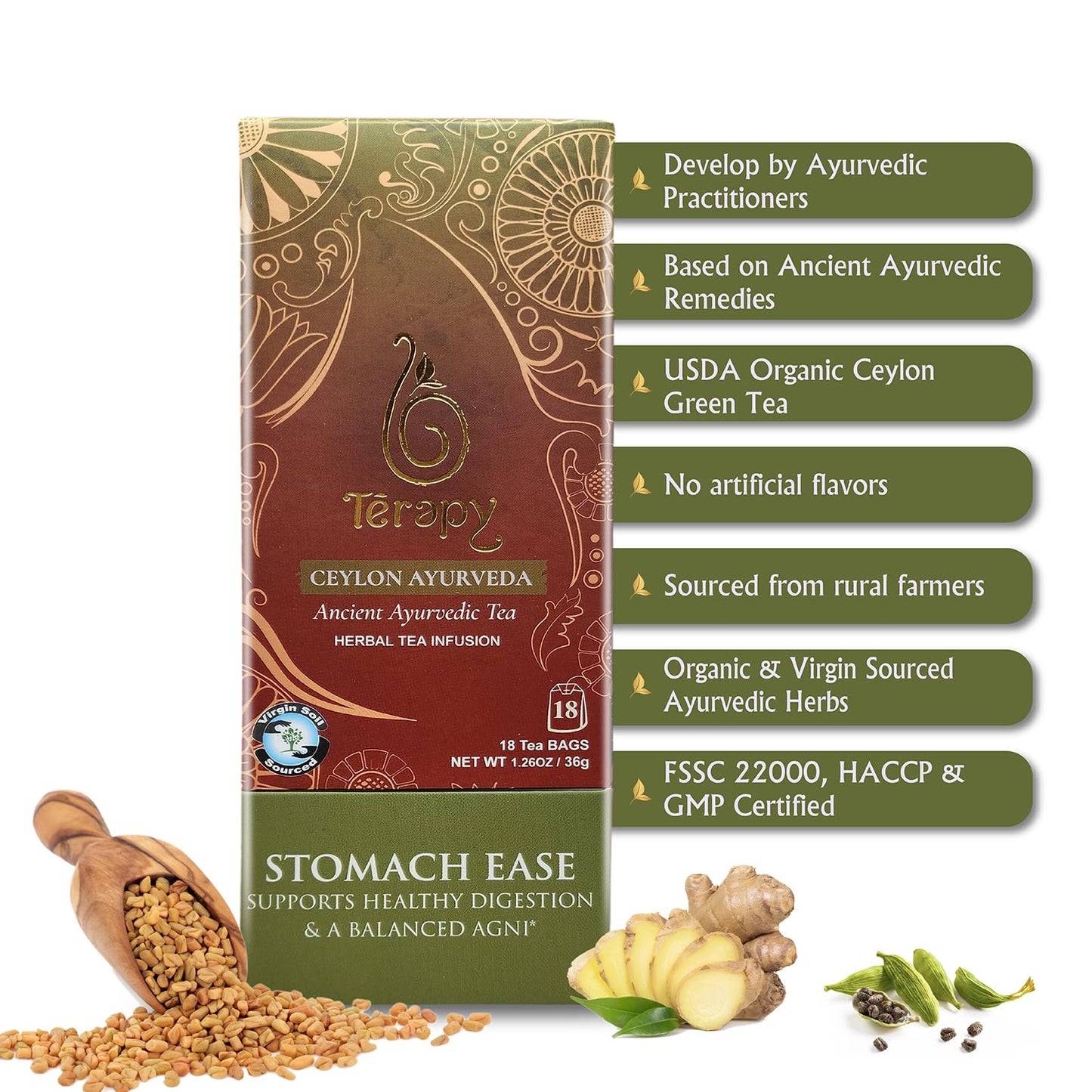 T  rapy Ceylon Stomach Ease Herbal Tea Bags | Soothes Stomach & Supports Healthy Digestion | All Natural Ayurvedic Ingredients I