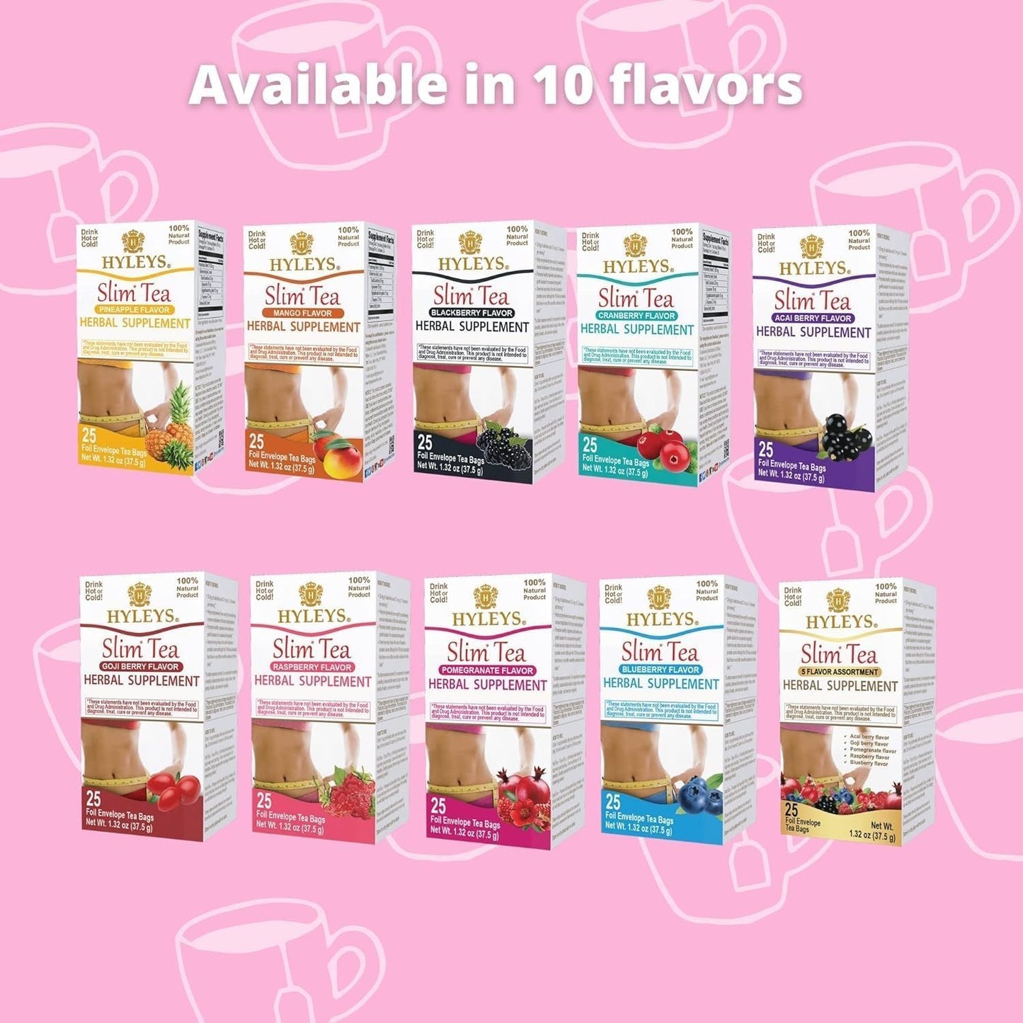 Hyleys Tea Variety Pack Bundle - Organic Green Tea 7 Flavors, Slim Tea 5 Flavor Assortment, And Pineapple Flavor - 75 Total Tea