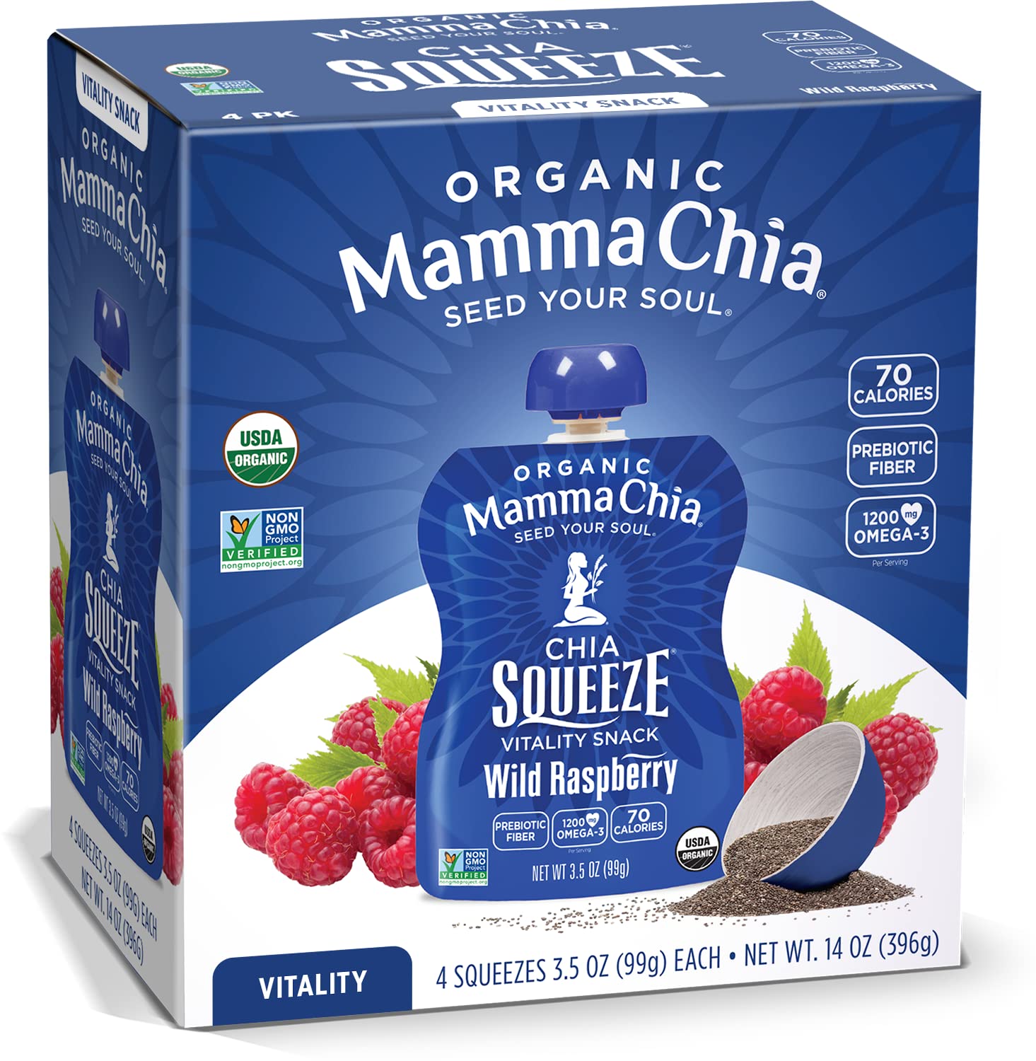 Mammachia Organic Chia Squeeze Vitality Snack, Wild Raspberry, No Added Sugar, Vegan Friendly, Kosher, USDA Certified Organic, G