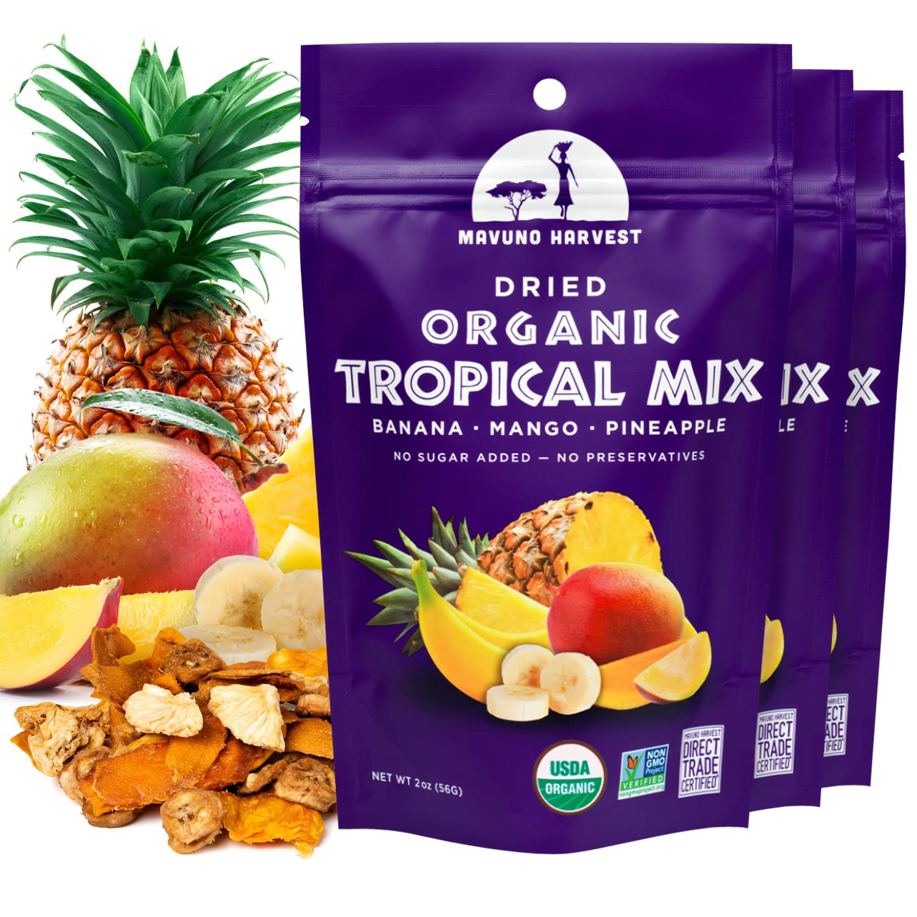 Mavuno Harvest Tropical Mix Dried Fruit Snack | Unsweetened Organic Mixed Dried Fruit | Gluten Free Healthy Snacks For Kids And Mature-Themeds | No Sugar Added, Vegan, Non Gmo | 2 Ounce, Pack Of 3