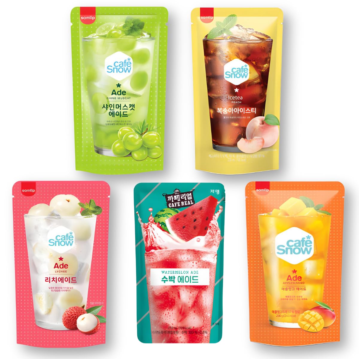 Generic Korean Convenience Drink Pouch Variety Pack – 5 Flavors: Peach Ice Tea, Watermelon Ade, Shine Muscat Ade, Lychee Ade, Apple Mango Ade