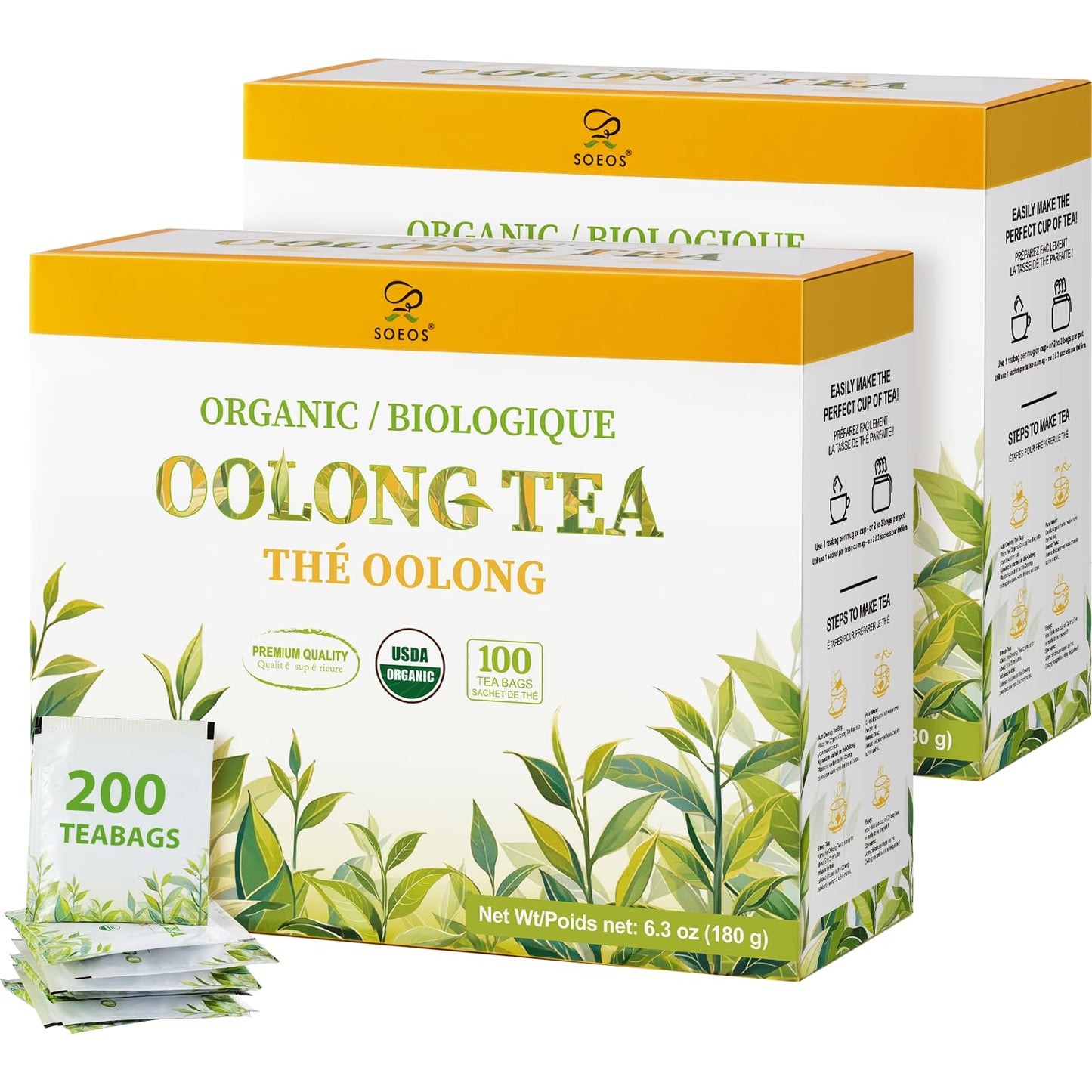 Soeos Organic Oolong Tea  200 Tea Bags (2 Pack)  Low Caffeine  Perfect Alternative to Coffee  Hot and Cold Brew  Fresh and Healthy Oolong Tea