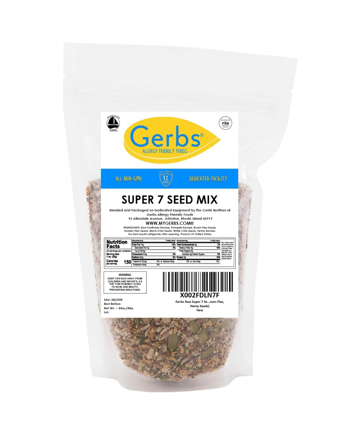 Gerbs Raw Super 7 Seed Snack Trail Mix 4 Lbs. | Top 14 Food Allergy Free | Resealable Bulk Bag | Made In Usa | Raw Pumpkin | Sun