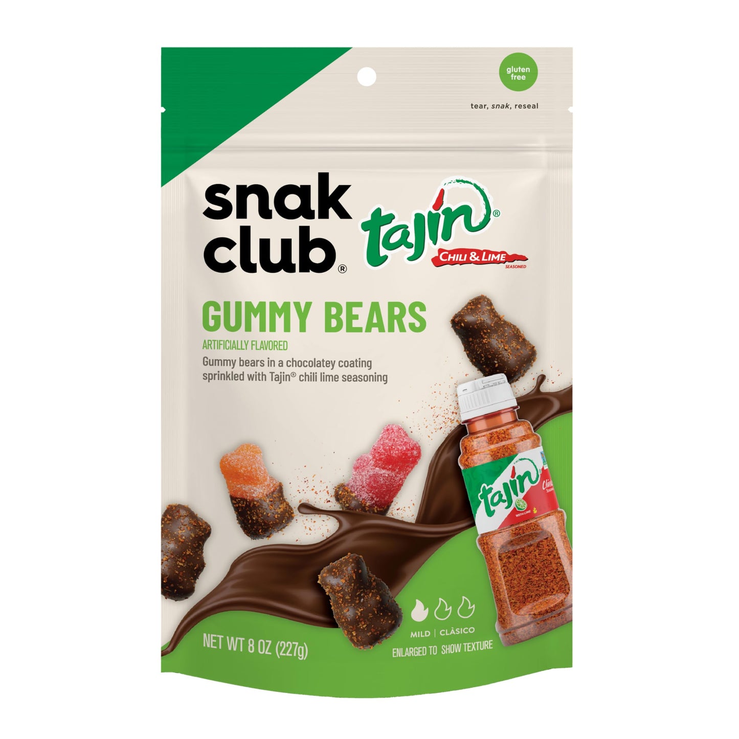 Snak Club Tajin Chocolatey Gummy Bears, Assorted Chocolate Covered Fruit Candy Gummies with Chili and Lime Seasoning, Mild, Glut