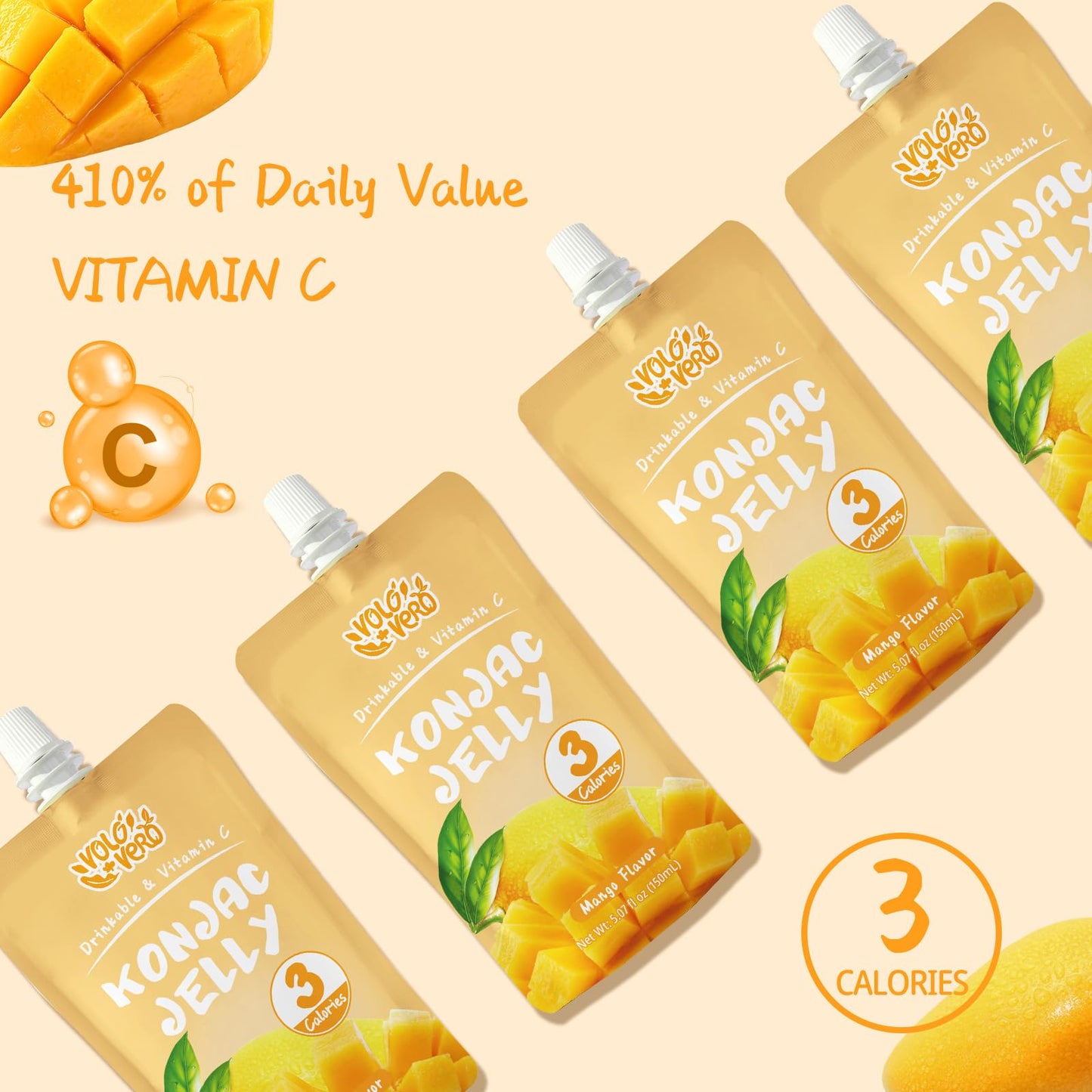 VOLO VERO Konjac Jelly Squeeze Pouch Mango Flavor, Low Calories (3 Kcal), 10 Packs, Gluten Free & Vegan, 0 Sugar, Keto, Low Carb