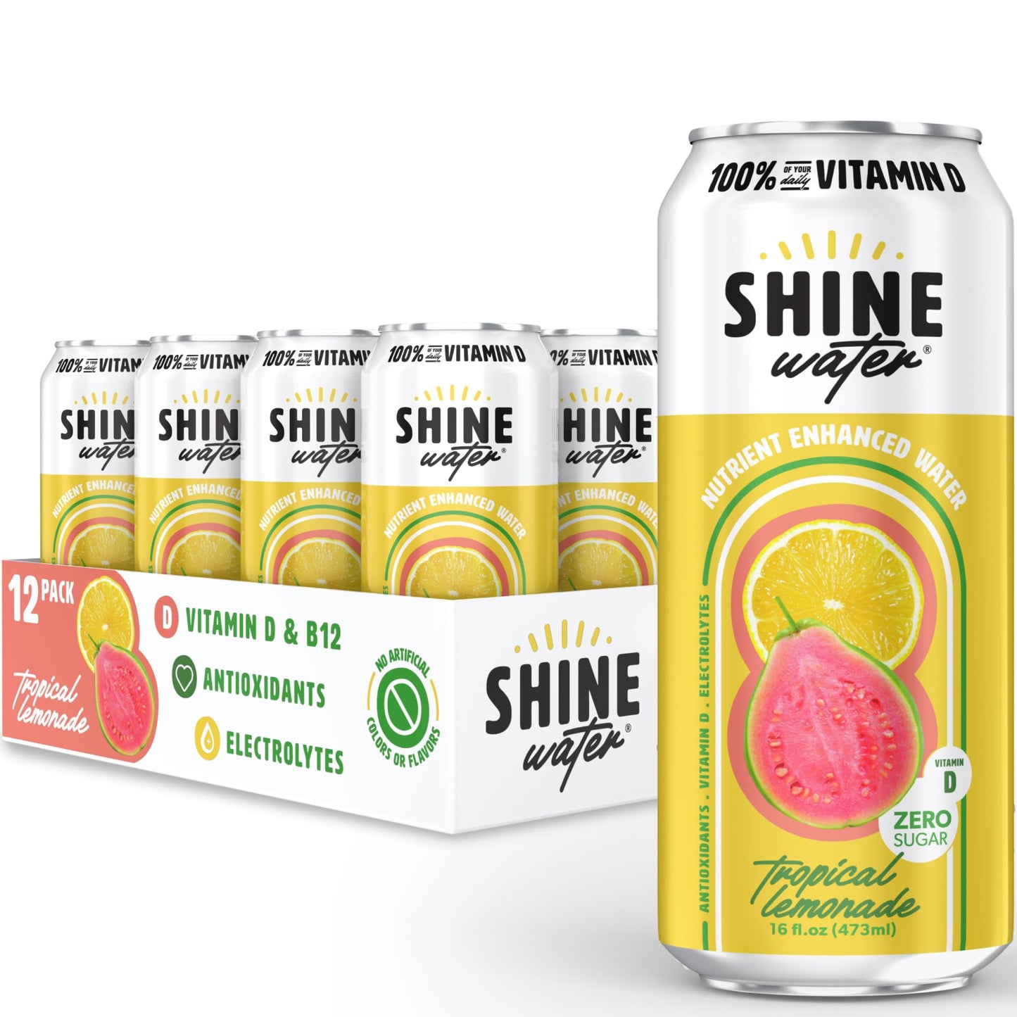ShineWater Electrolyte Drink - Sugar-Free Tropical Lemonade - 16 Fl Oz (Pack of 12) - Plant-Based, Low Calorie, with Vitamins and Minerals