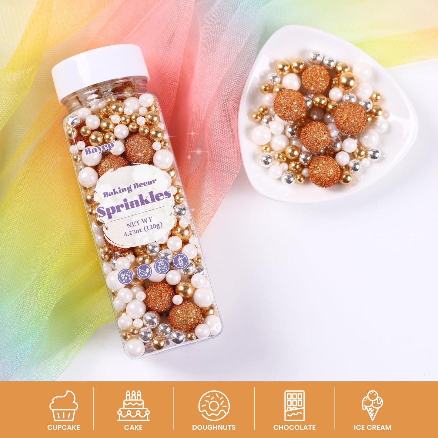 Gold Sprinkles For Cake Decorating 4.23Ounce - Sparkle Pearl Sprinkles For Cupcake Toppers, Ice Cream, Candy, Cookie Decorations