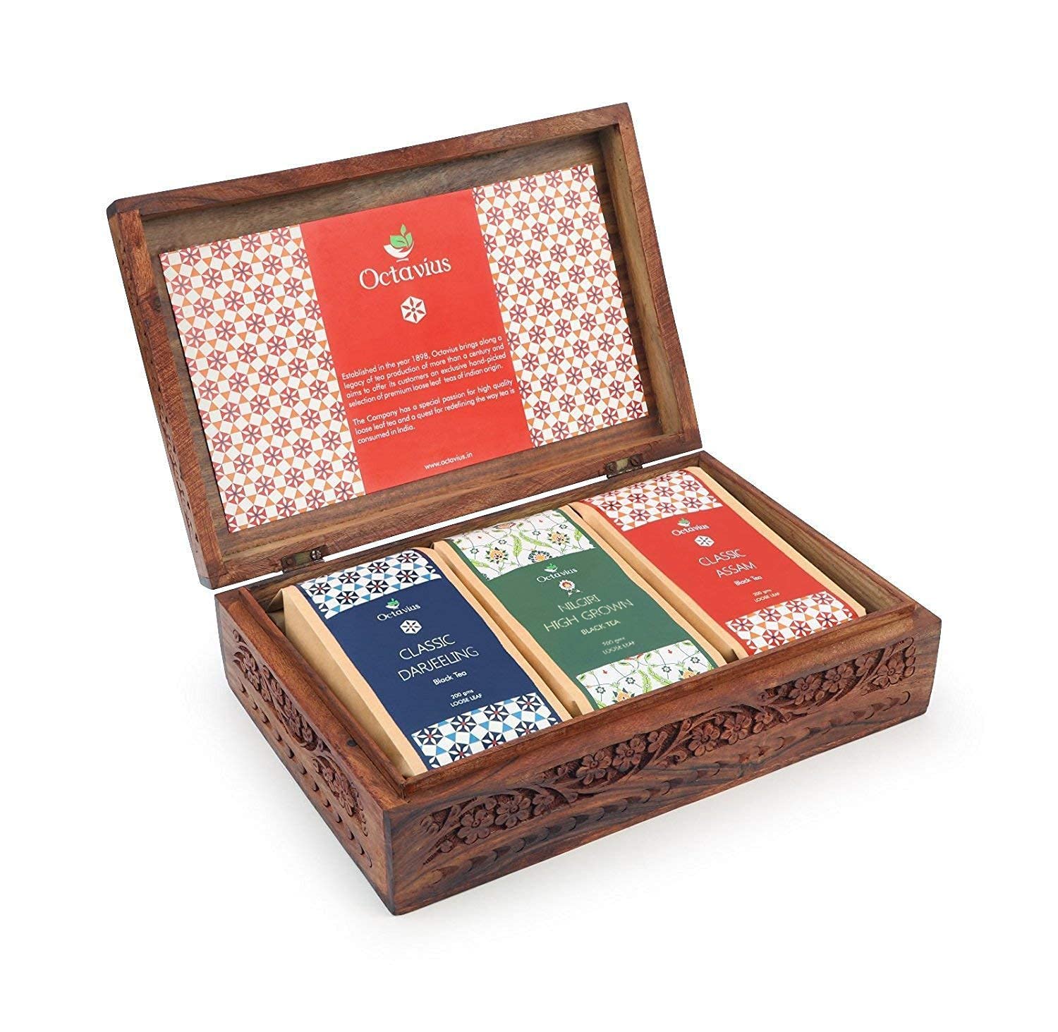 Octavius Wooden Caddy Tea Sampler Pack | 3 Top-Grade Loose Leaf Teas - Assam  Darjeeling & Nilgiri | Elegant Wooden Box Gift Set | Perfect Tea Sampler For Gifting & Tasting