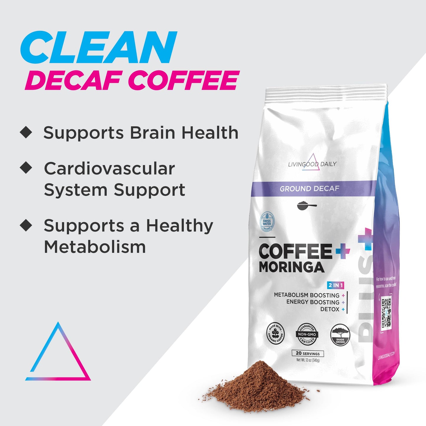 Livingood Daily Ground Decaf Coffee with Moringa, Vegan, Organic, Non-GMO, 12 oz Bag