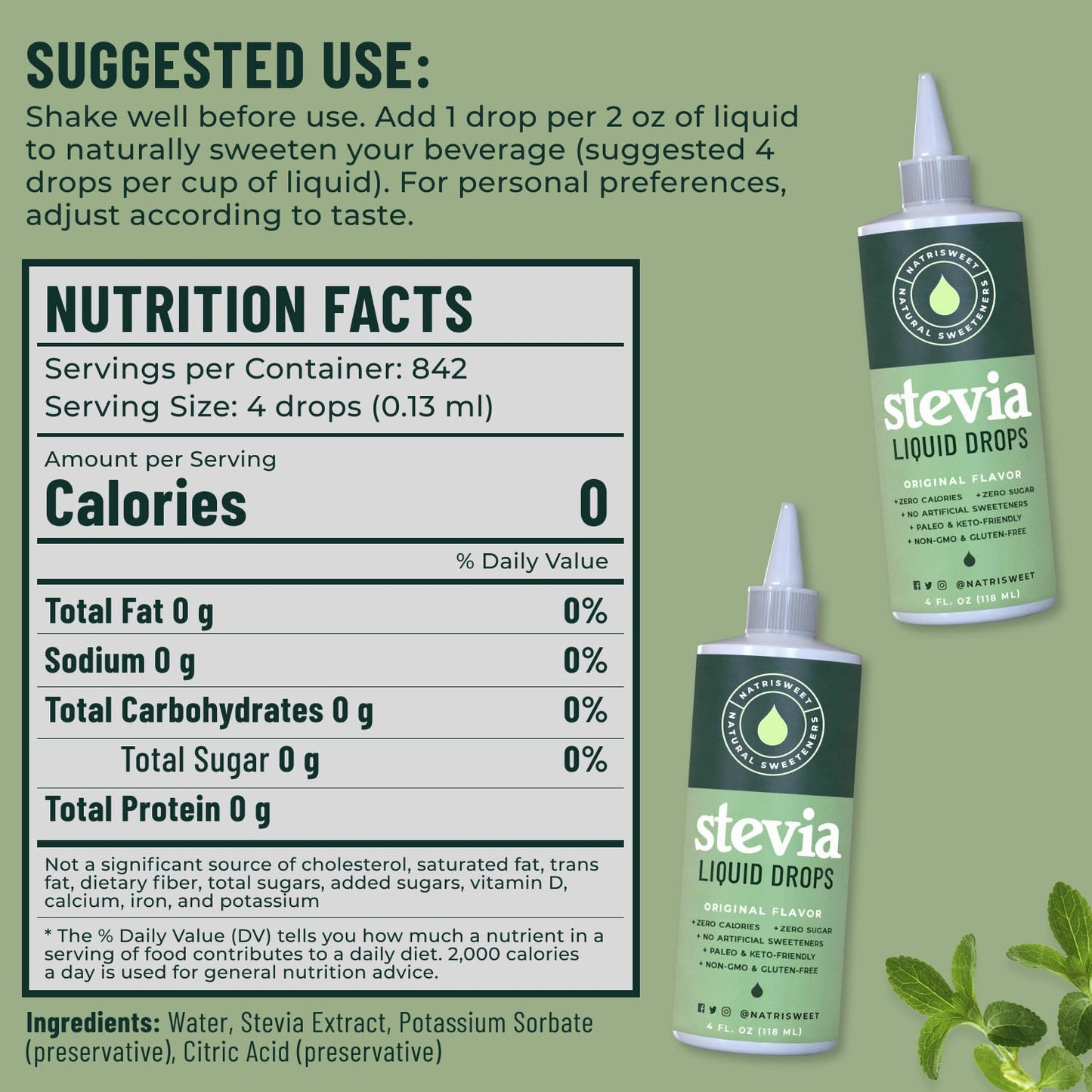 Natrisweet Liquid Stevia Drops 4Oz 2Pack, Pure Stevia Liquid Sweetener From Stevia Extract, Plant-Based Sugar Substitute, Zero C
