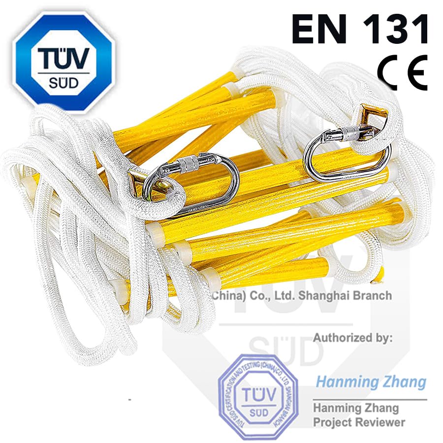 Isop Fire Evacuation Rope Ladder 4 Story 32Ft With Fall Arrest System & Spring Hooks - Rescue Ladders For 4-Story Homes - Fireproof & Weather Resistant - Escape Ladder 10M