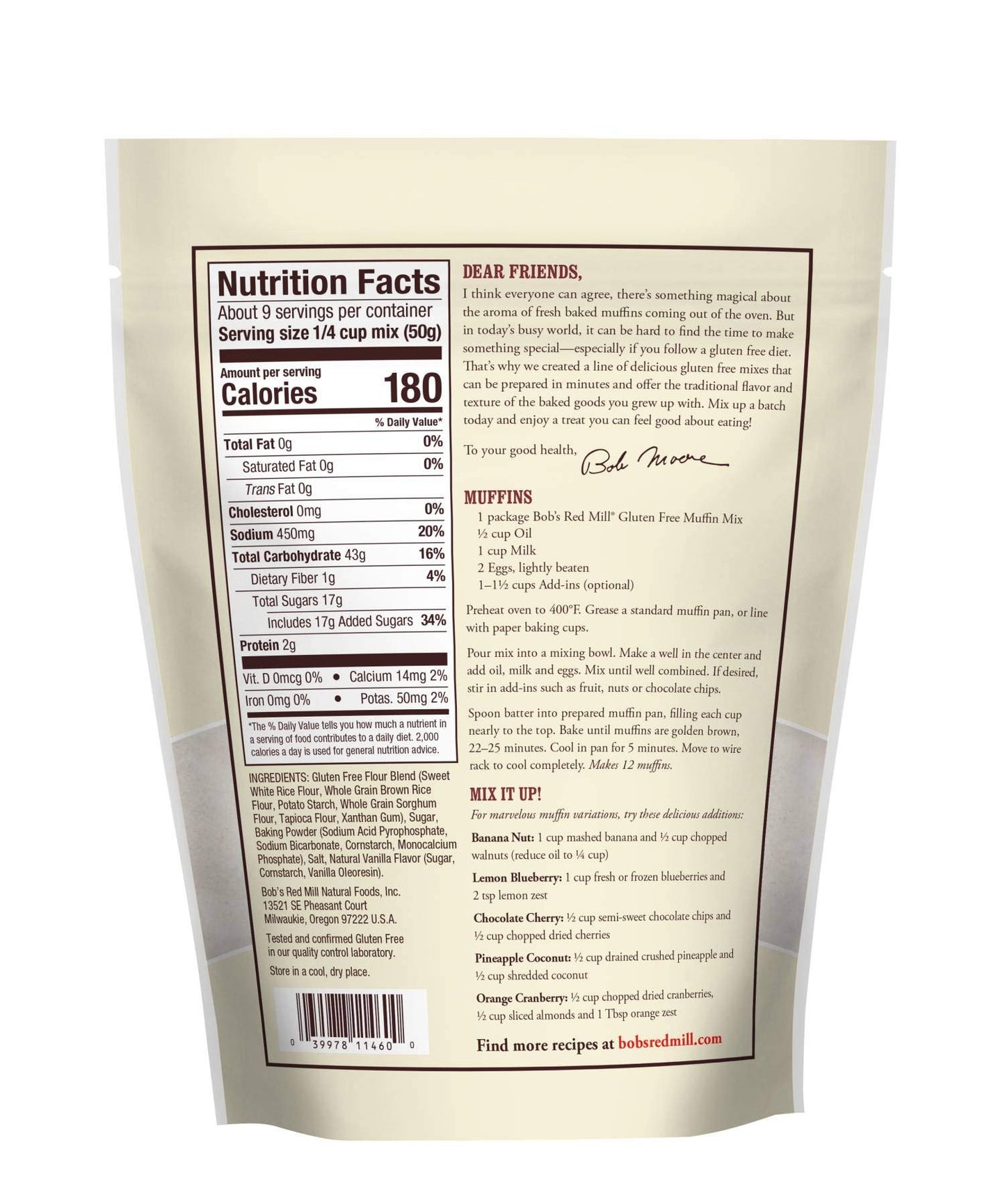 Bobs Red Mill Gluten Free Muffin Mix, 16 Oz