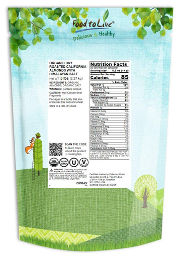 Food To Live Organic Dry Roasted Whole Almonds With Himalayan Salt, 5 Pounds Non-Gmo, Oven Roasted, Lightly Salted, No Oil Added