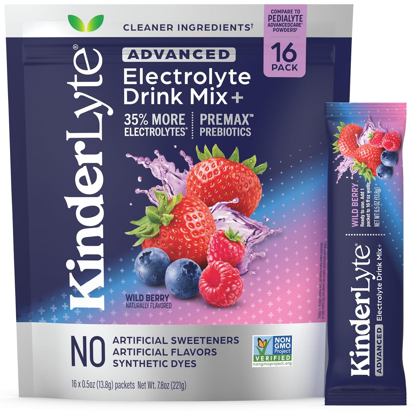 Kinderlyte Advanced Electrolyte Powder for Kids and Adults - Drink Mix Hydration Packets (Wild Berry, 16 Count), with PreMax Pre