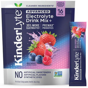 Kinderlyte Advanced Electrolyte Powder for Kids and Adults - Drink Mix Hydration Packets (Wild Berry, 16 Count), with PreMax Pre