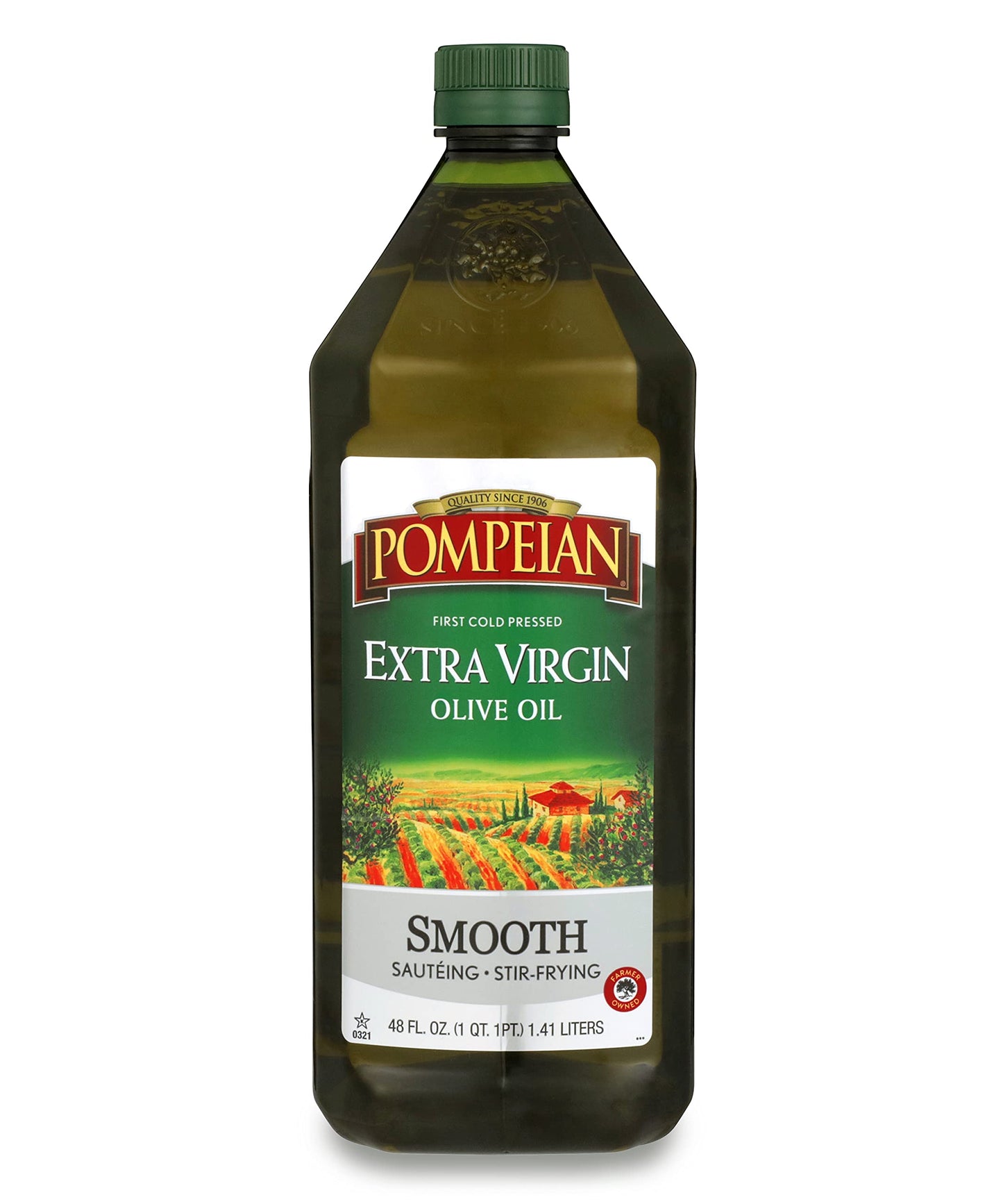 Pompeian Smooth Extra Virgin Olive Oil, Contains Polyphenols, First Cold Pressed, Mild And Delicate Flavor, Perfect For Sauteing & Stir-Frying, Naturally Gluten Free, Non-Gmo, 48 Fl Oz, Single Bottle