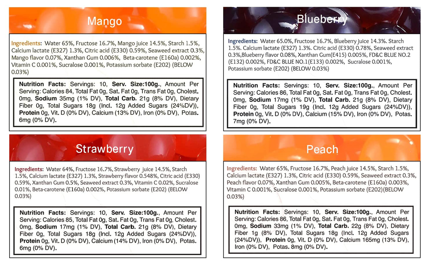 3 Flavors Popping Boba Pearls Bursting Tea Balls Drink & Dessert Topping Strawberry, Blueberry, Peach Flavored Bubble Tea Pearls (Blueberry, Strawberry, Peach, 2 Lb, Pack Of 3)