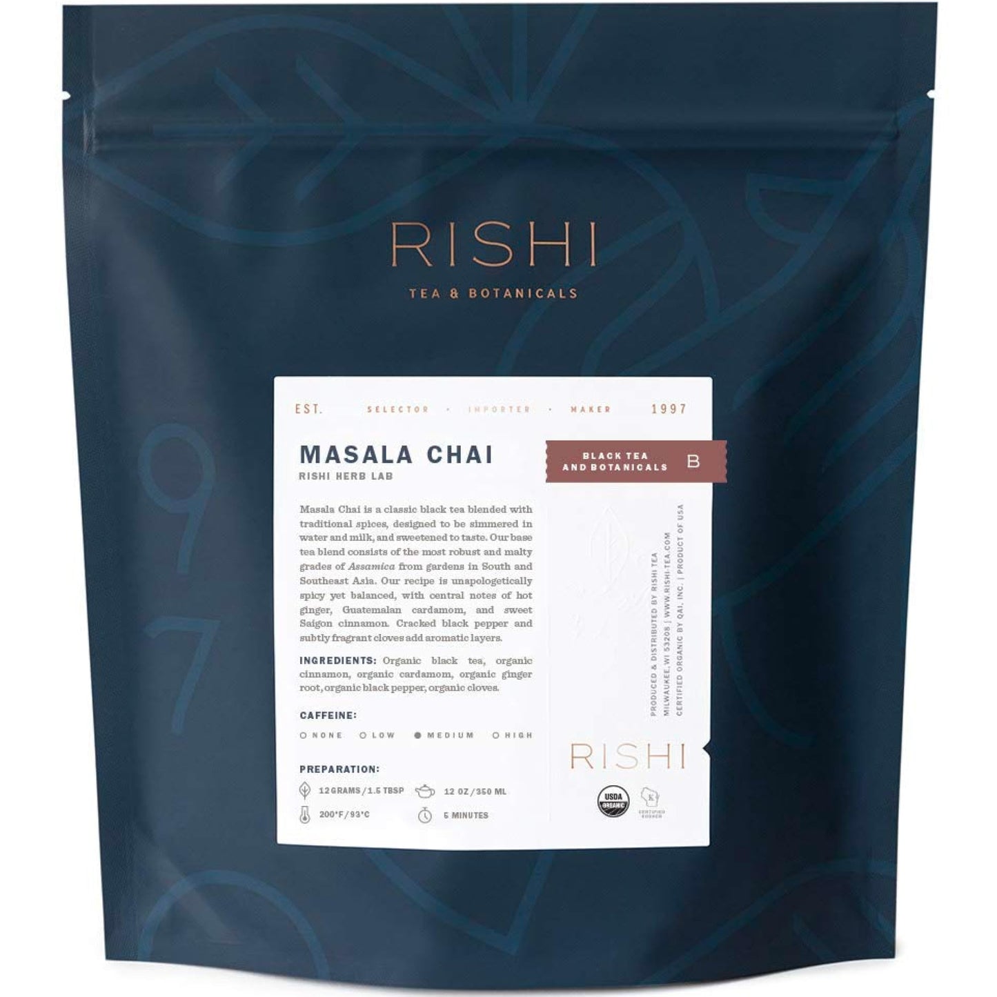 Rishi Tea Masala Chai Black Loose Leaf Tea Blend - Organic, Assam with Whole Spices, Energizing & Caffeinated - 16 Ounces, 37+ S