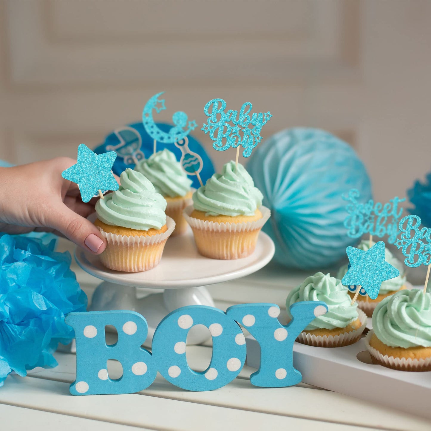 Gyufise 24Pcs Blue Glitter Baby Boy Cupcake Toppers Star Moon Sweet Baby Babyshower Boy Cupcake Picks For Baby Shower Boys Birth