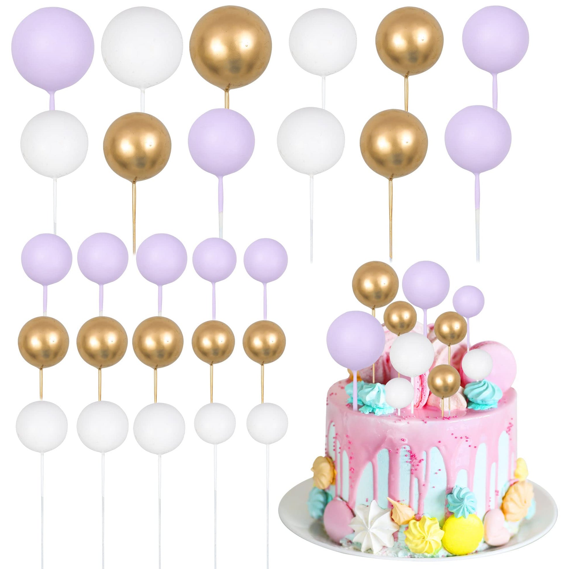 Gyufise 30Pcs Ball Cake Topper Ball Cake Picks Colorful Pearl Ball Shaped Cupcake Insert Cake Topper For Babyshower Birthday Par
