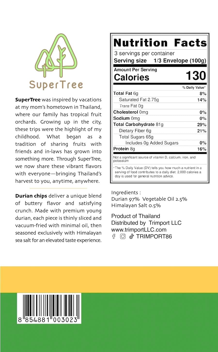 SuperTree Premium Durian Chips, Vacuum Fried, 100% Fruit Snacks, 3.53Oz (100g) Bag, No Additives, Authentic Flavor, Crunchy Texture