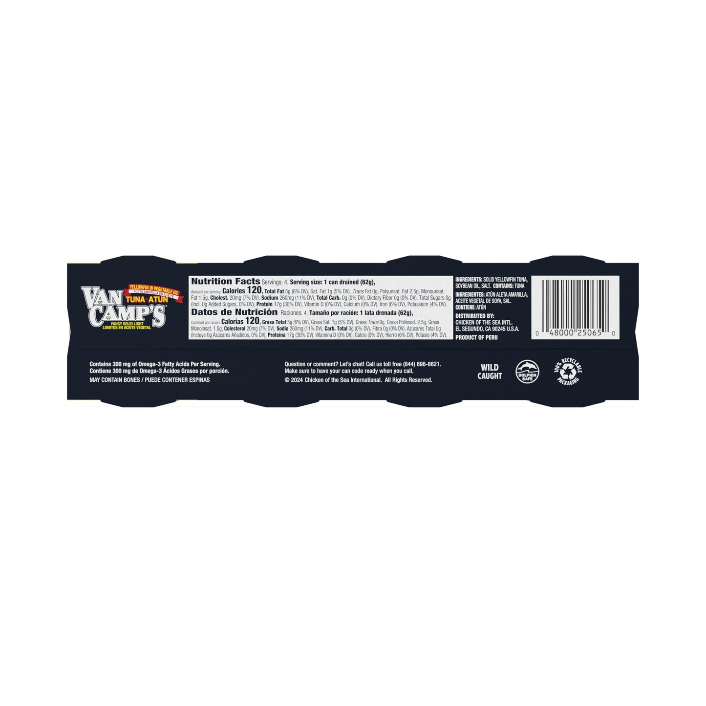 Van Camp'S Seafood Solid Light Yellowfin Tuna In Vegetable Oil, 4-3 Oz. Cans (Pack Of 6), Wild Caught Canned Tuna