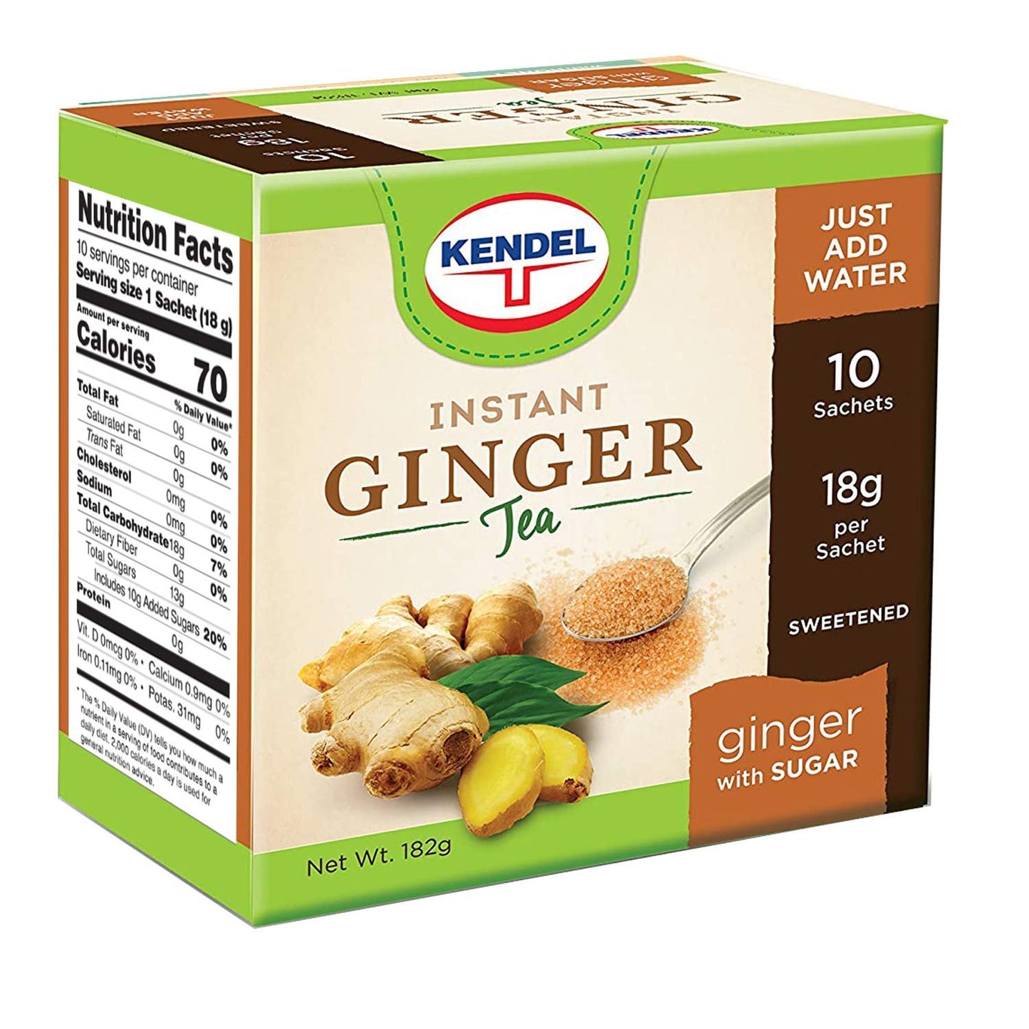 Kendel Instant Ginger Drink with Sugar, Made from Real Ginger Crushed into Fine Powder, Contains Cane Sugar, May Aid Digestion, Can be Enjoyed Hot or Cold, Caffeine Free (10 Sachets Per Box)