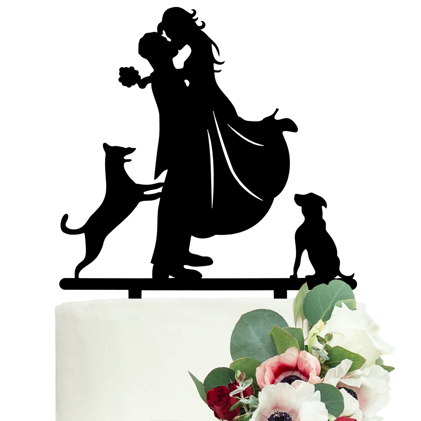 LOVENJOY Dogs Wedding Cake Topper Bride Groom with 2 Dogs Black, Gift Boxed