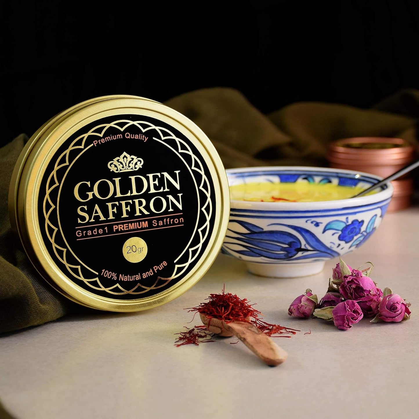 Golden Saffron  Finest Pure enhanced All Red Saffron Threads  Grade A+ Super Negin  Non-GMO Verified. For Tea  Paella  Rice  Desserts  Golden Milk and Risotto (20.0 Grams)