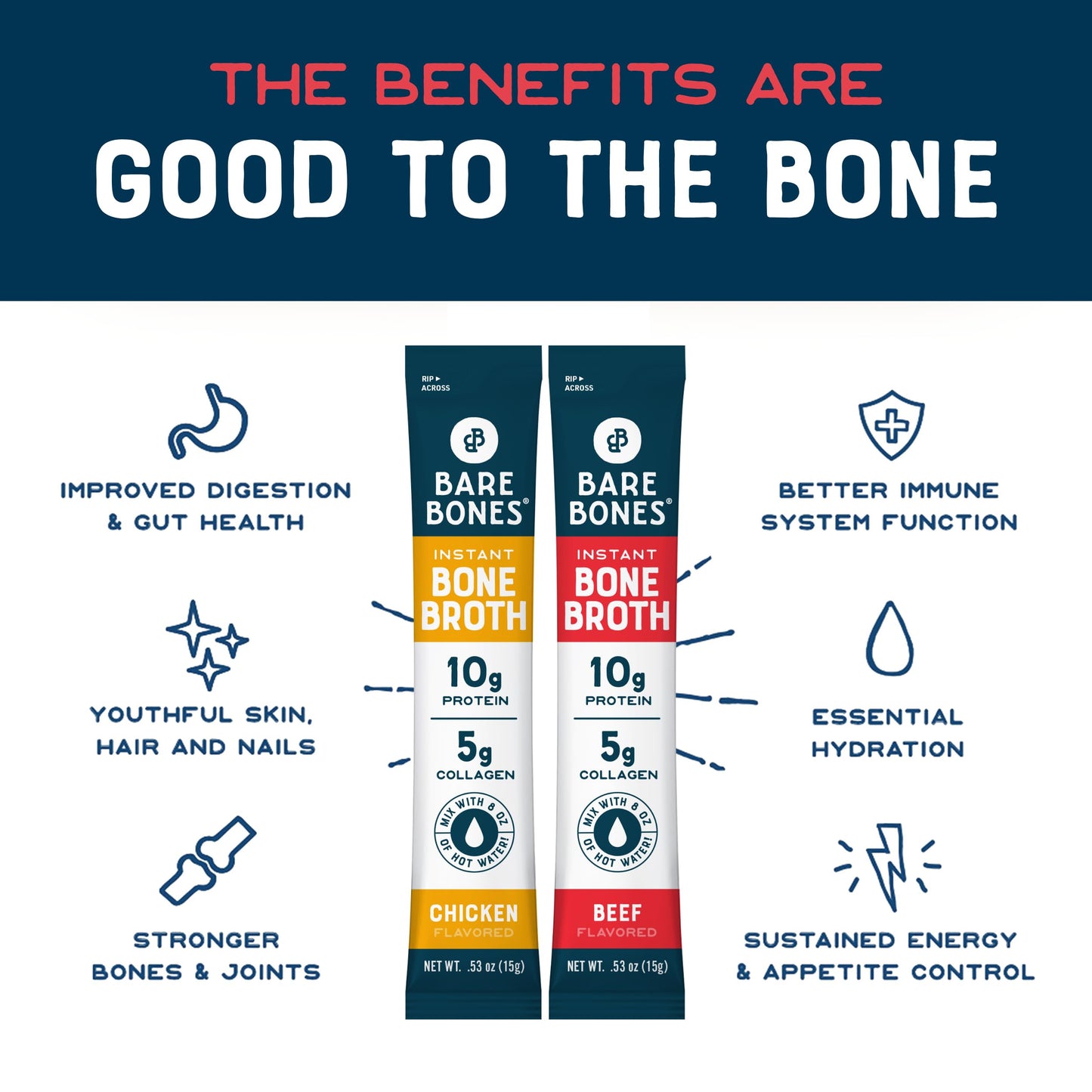 Bare Bones Bone Broth Instant Beverage Mix, Chicken & Beef Variety Pack, 8 Sticks, 15g Each, Keto & Paleo Friendly