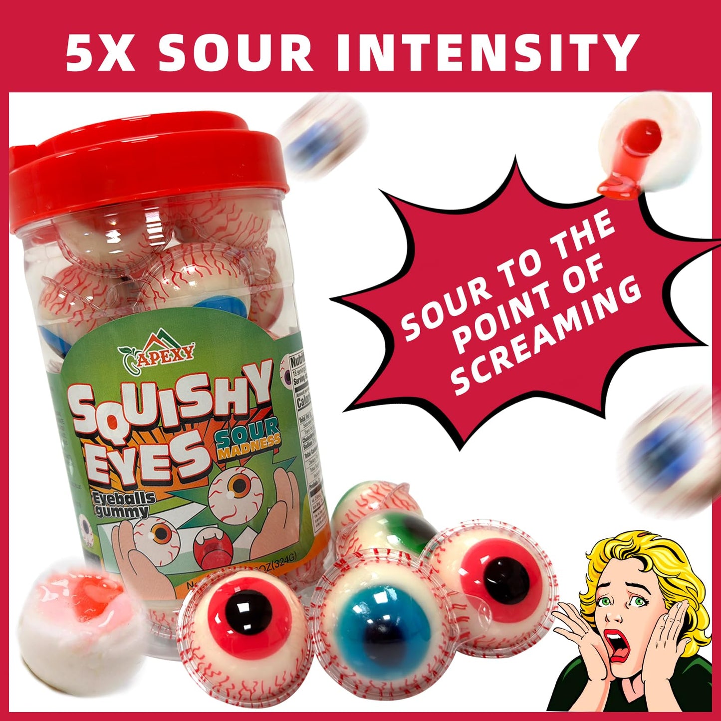 Apexy Sour Eyeball Gummies - With Fruity Liquid Center Eyeball Candy For Halloween, Birthday, Trick Or Treat, Party Candy - Jell