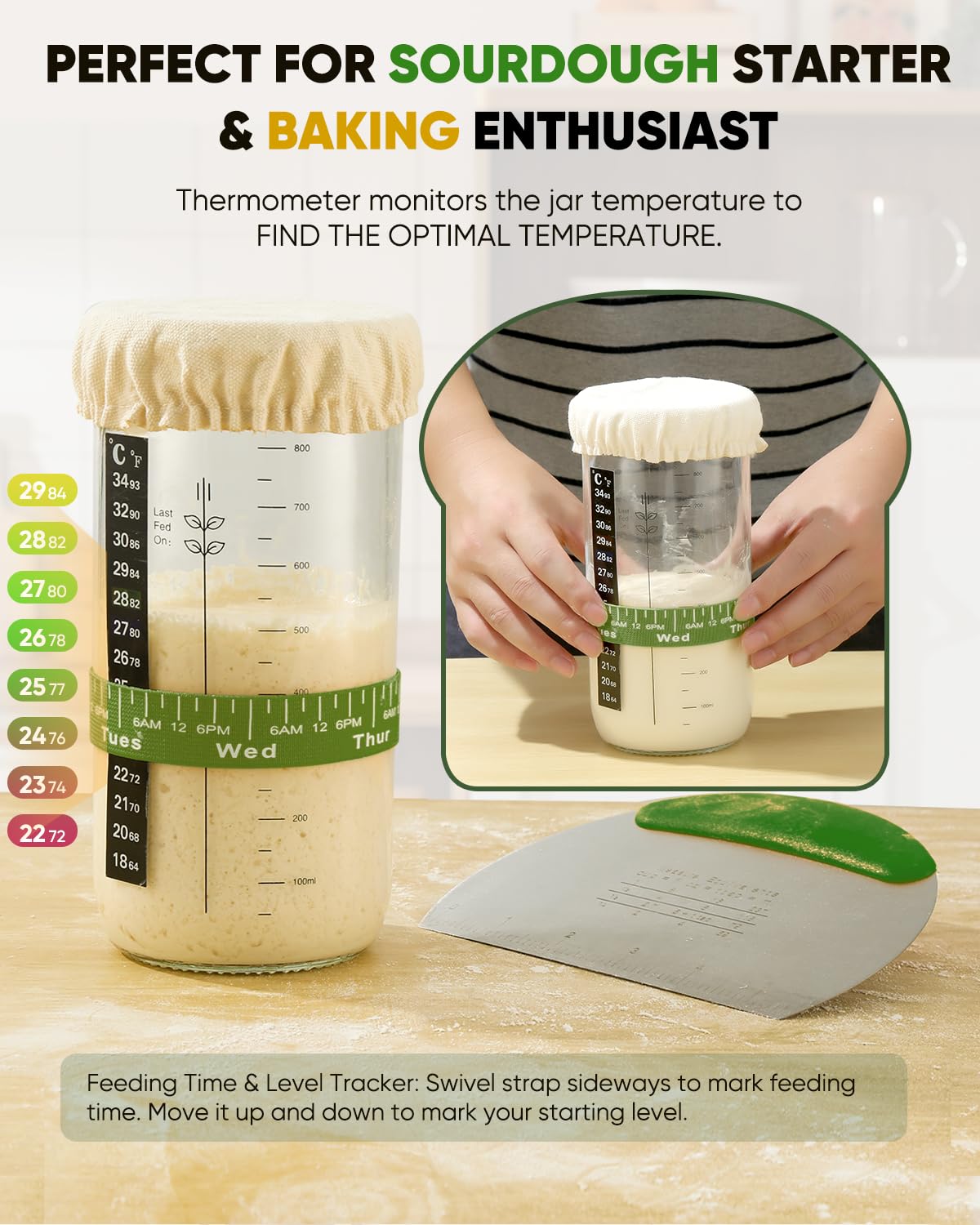BICRET Sourdough Bread Baking Kit - 34 OZ Starter with 2 Proofing Baskets - Green