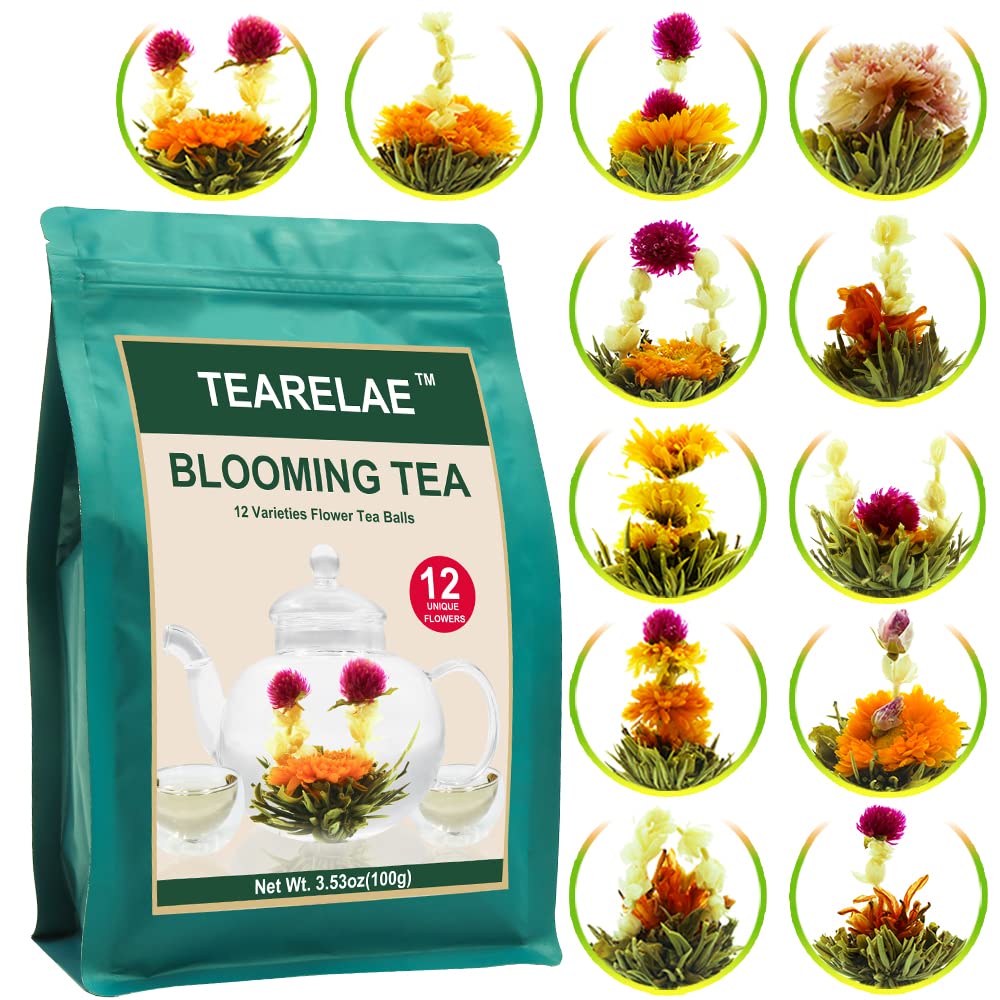 Tearelae Blooming Tea Flowers - 12Pcs Individually Sealed Flowering Tea Balls - Hand-Tied Natural Green Tea Leaves & Edible Flowers - Gifts For Tea Lovers
