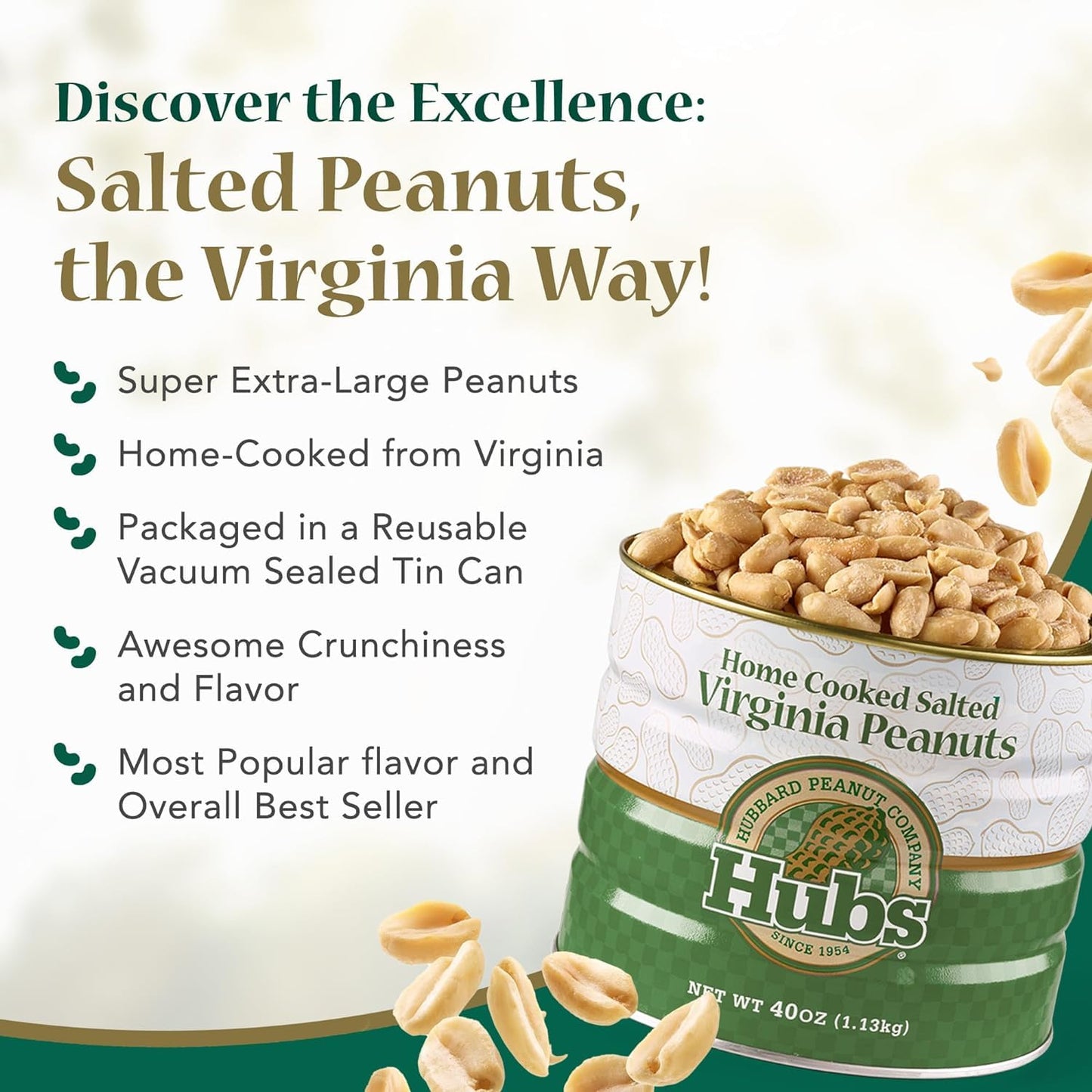 Hubs Peanuts Premium Salted Virginia Nuts - Irresistible Crunch & Flavored Nuts - Non-Gmo, Gluten Free - Xxl Peanuts From Top 1% Crop - Reusable Tin - Perfect Snack For Any Occasion - 2 X 40Oz Cans