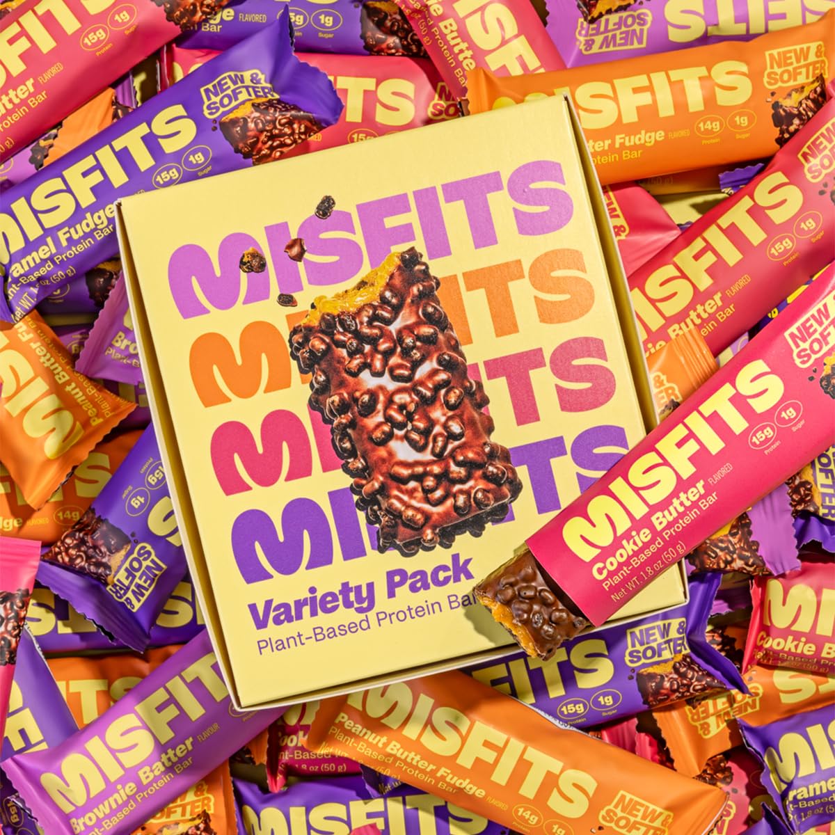 Misfits Vegan Protein Bar, Best Sellers Variety Pack, Plant Based High Protein Snacks With 15G Per Bar, Low Sugar, Low Carb, Glu