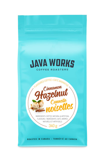 Java Works Coffee - Cinnamon Hazelnut Flavored Coffee | 12 ounces | Medium Roast | Whole Bean | No Sugar Added
